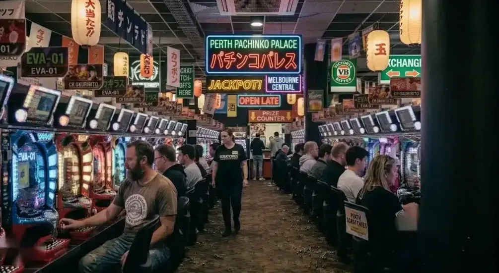 Jackpot challenge row of high-variance pachinko machines in Brisbane
